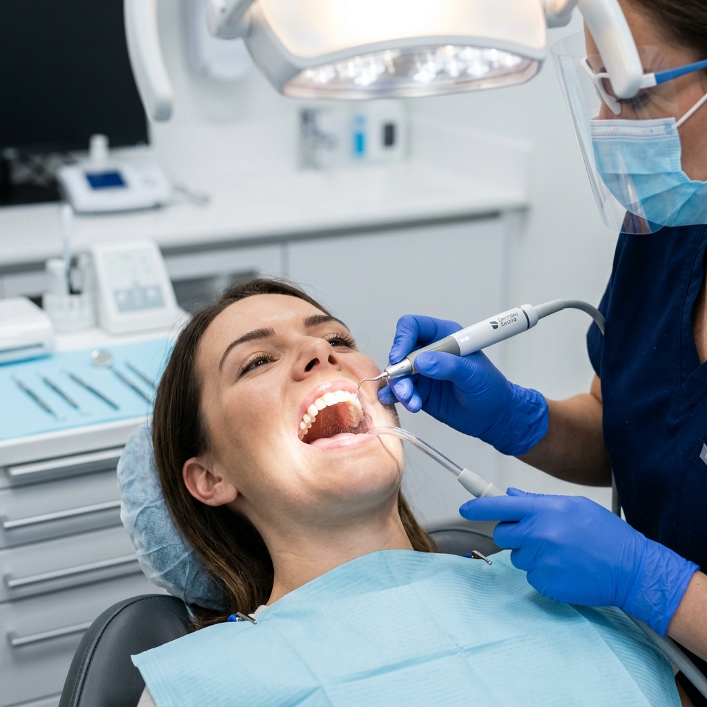 Profesional odontológica atendiendo a una paciente